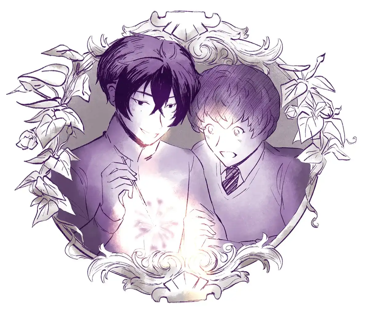 Tadashi Kikuchi and Ainosuke as children playing with a sparkler. Ainosuke's eyes are open with wonder as he clutches Tadashi's arm. They are surrounded by a frame of moon flowers.