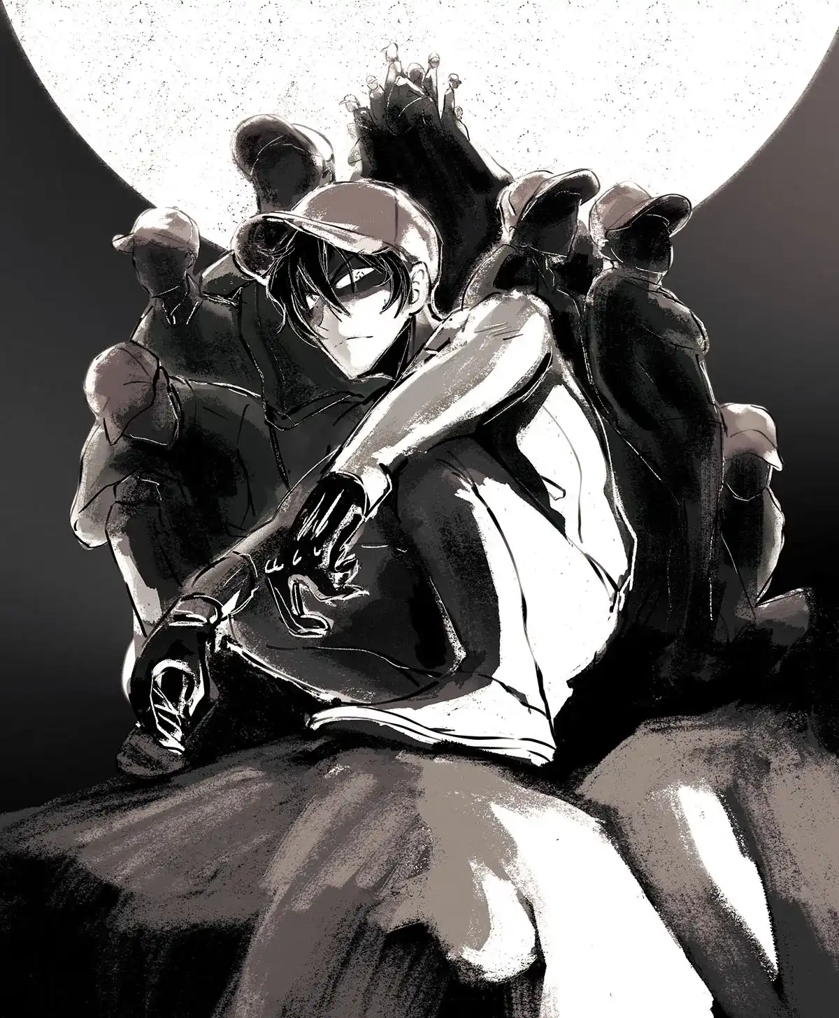 Tadashi as Snake stares menacingly while squatting at the top of a rock cliff at S. He is surrounded by shadowed capmen under a large and bright moon