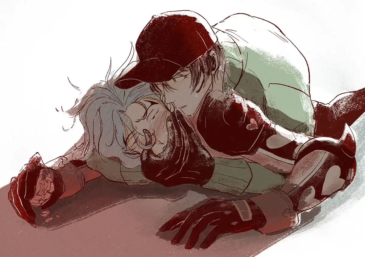 Snake and Adam from the anime SK8 the Infinity are on the ground. Adam appears to be blushing while he holds a crushed rose in one hand, and Snake covers his mouth a gloved hand.