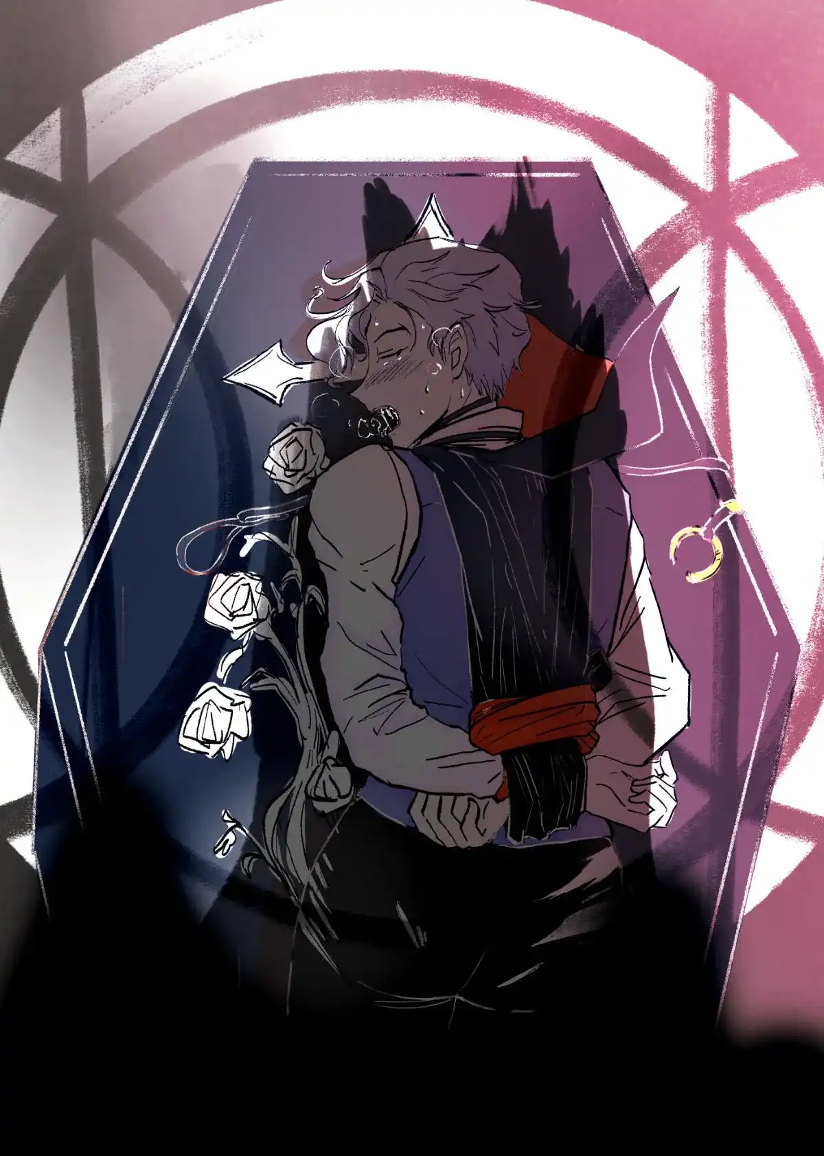 Vampire Ainosuke tied up by his own cape, panting under the moonlight as he's sprawled on top of his coffin