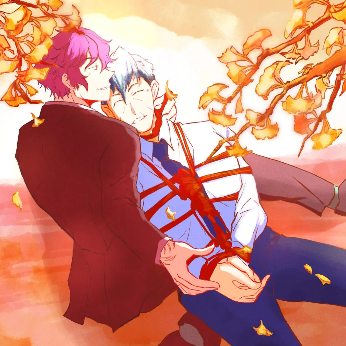 Two men are relaxing under some gingko trees. The one with the red suit and pink hair is smiling while cradling the other man in his lap. The second man is older with short white hair, and small scars on his face. He is tied with red ropes around his neck and arms.