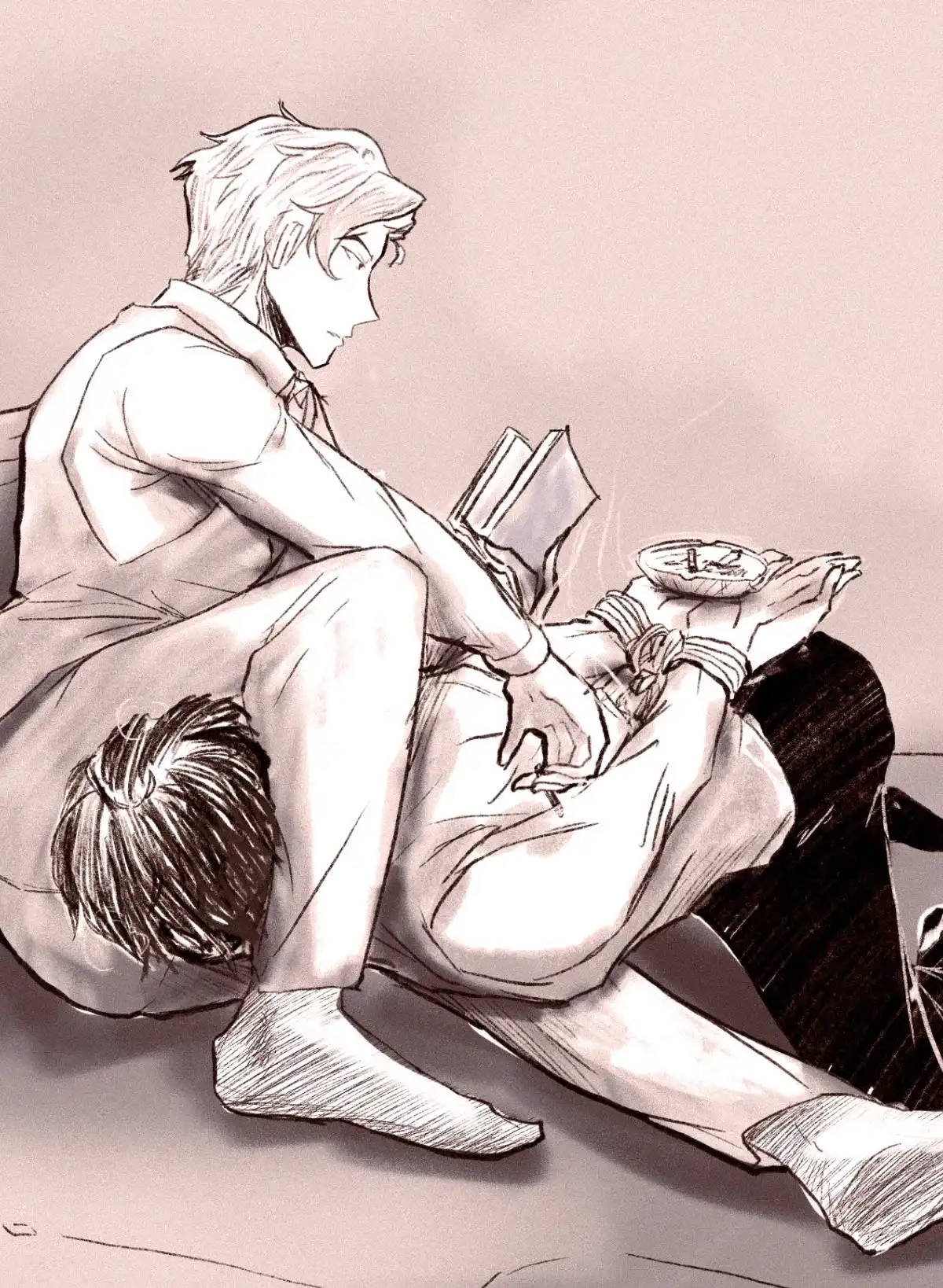 Ainosuke casually read his book as he uses Tadashi as a cigarette stand. Tadashi has his hand tied up[ behind him, and his is tucked under Ainosuke's knee.