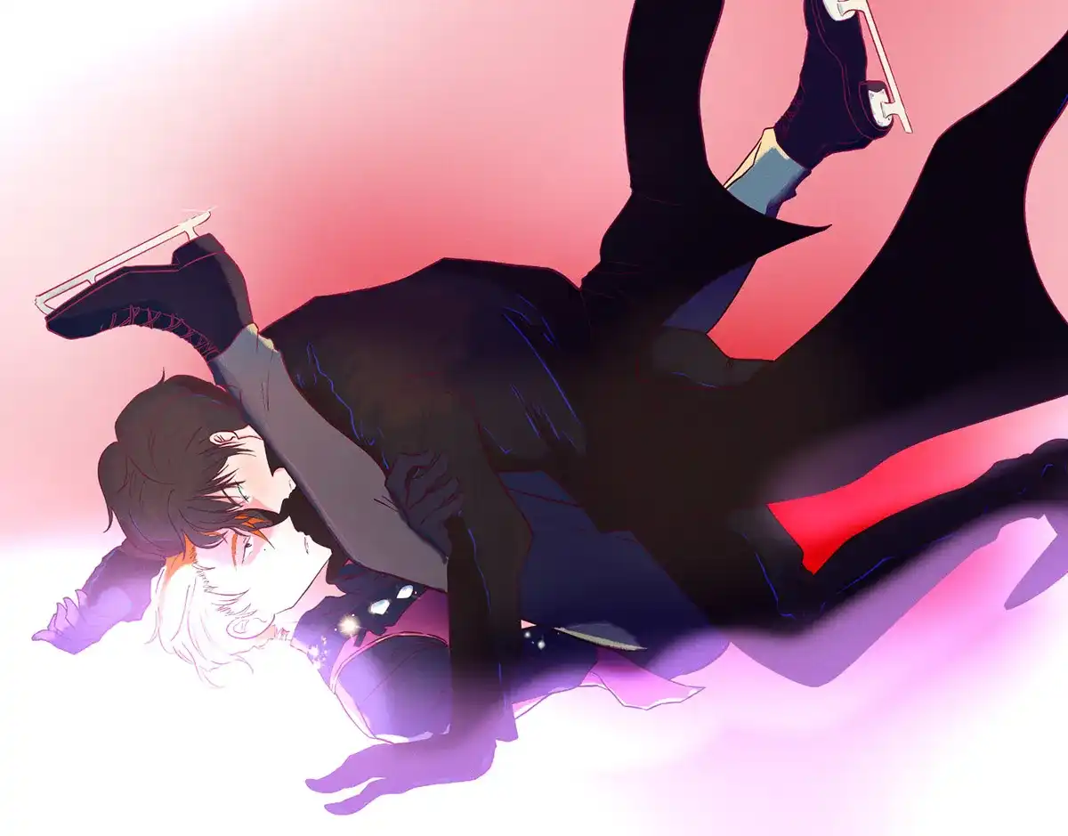 Jun of the manga/anime Medalist pushes down Tsukasa. Tsukasa is wearing his ice dance outfit with the purple vest and jewels, as well as his ice skates. Jun is holding down one of Tsukawa's wrists as his large black coat flares around him.