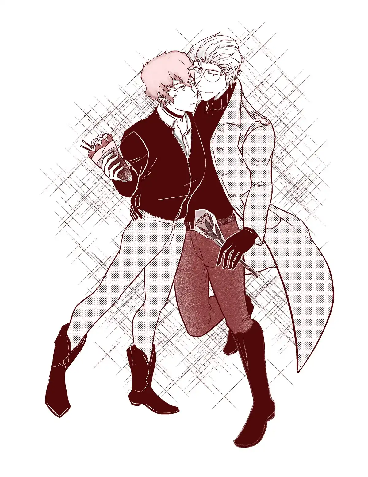 Char and Amuro from Gundam are standing next to each other as if on a date. Char is wearing aviator glasses with his hair slicked back. He is holding Amuro's waist in one hand, and a rose in the other. Amuro is wearing a bmomber jacket and cowboy boots. He is gazing at Char with a blush while holding a crepe.