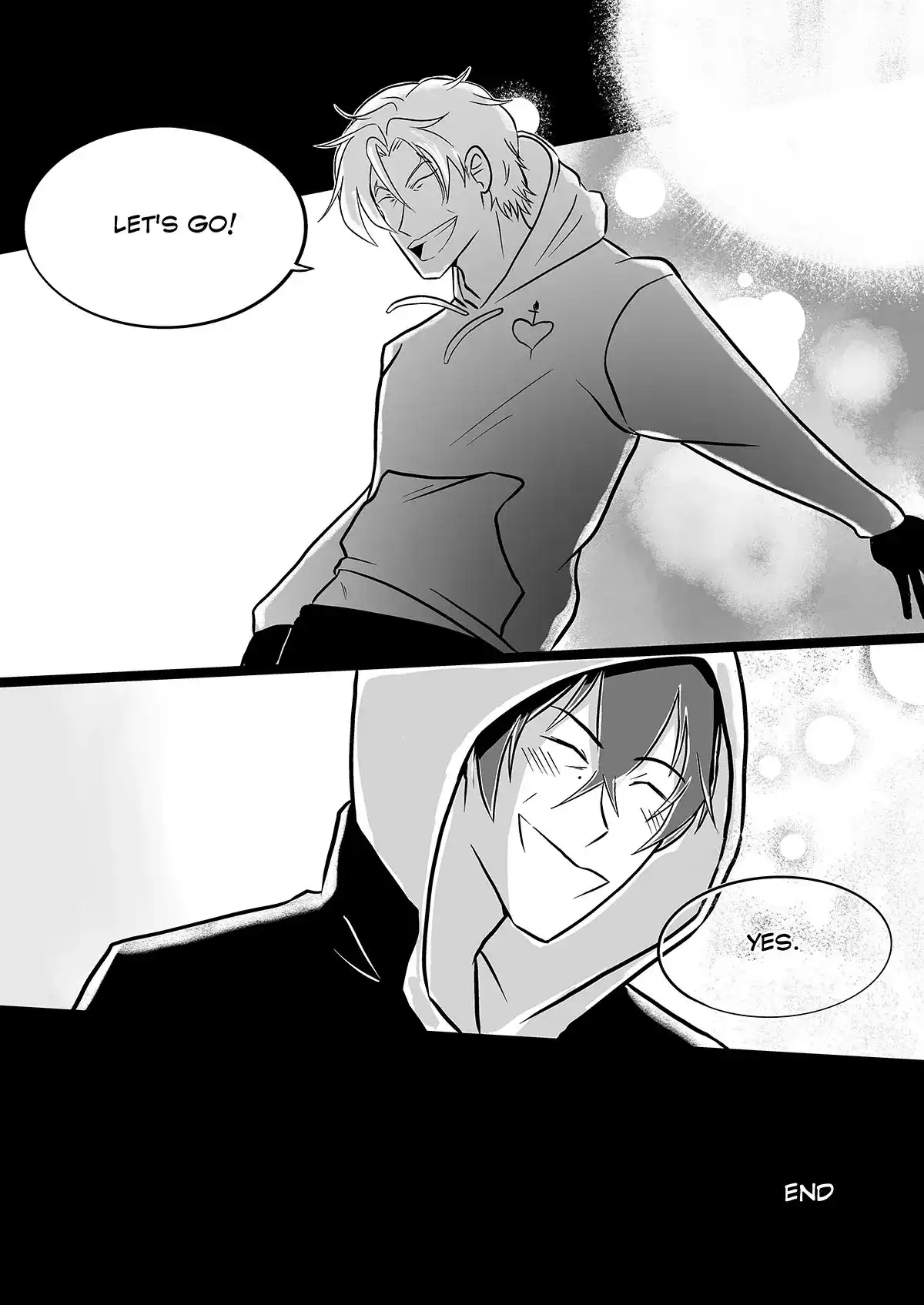 Ainosuke turns around and is backlit by the moon while talking to Tadashi. Panel 1: Ainosuke smiles as his hood falls from his face. 'Let's go!' Panel 2: Tadashi returns his smile and replies. 'Yes.' End