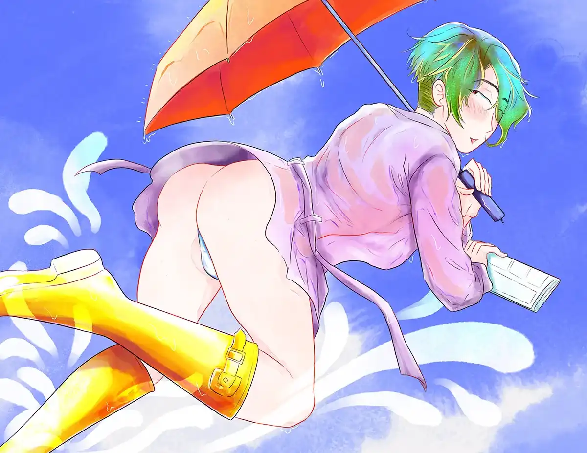 A man with green and blue hair looks coyly over his shoulder with a blush. He is dressed in a totally soaked and translucent dress robe while clutching an orange umbrella. He is splashing through puddles while wearing a pair of tall, bright, yellow, rain boots.