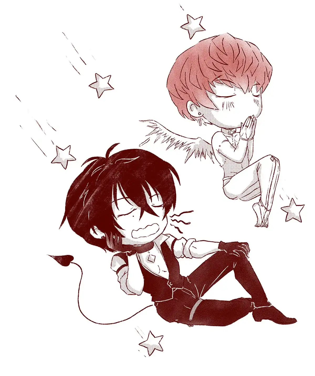 Chibi demon Tadashi and angel Ainosuke sit under some falling stars. Ainosuke appears like his teen self, and is holding his hands in front of his face as if praying. Tadashi is lounging casually and yawning.