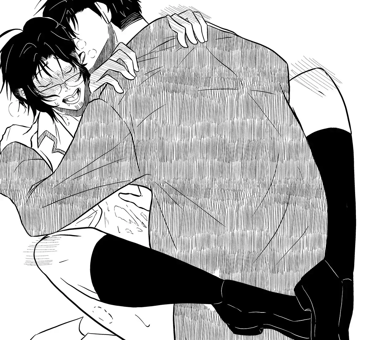 Yashiki coming as Mashita licks his neck. Yashiki has a blush on his face, hands, and knees.