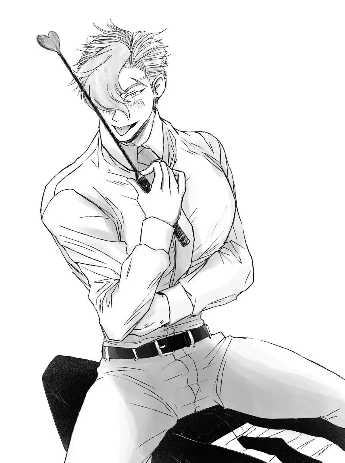 Ainosuke Shindo from the anime Sk8 sitting on Tadashi's lap while holding a heart-shaped riding crop suggestively. He is dressed in his all white riding outfit.