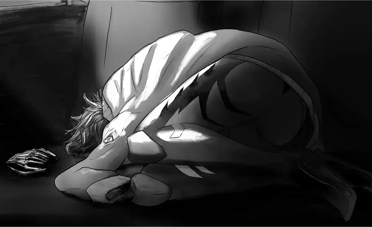 Adam in his funeral suit curled up in the backseat with his face hidden. He wrapped in a capman jacket.