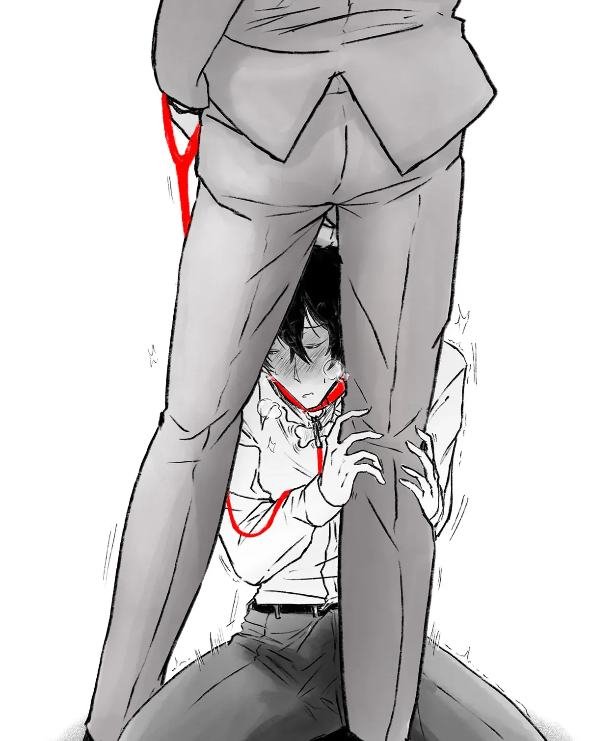Tadashi grinding on Ainosuke&#x27;s shoe while wearing a leash