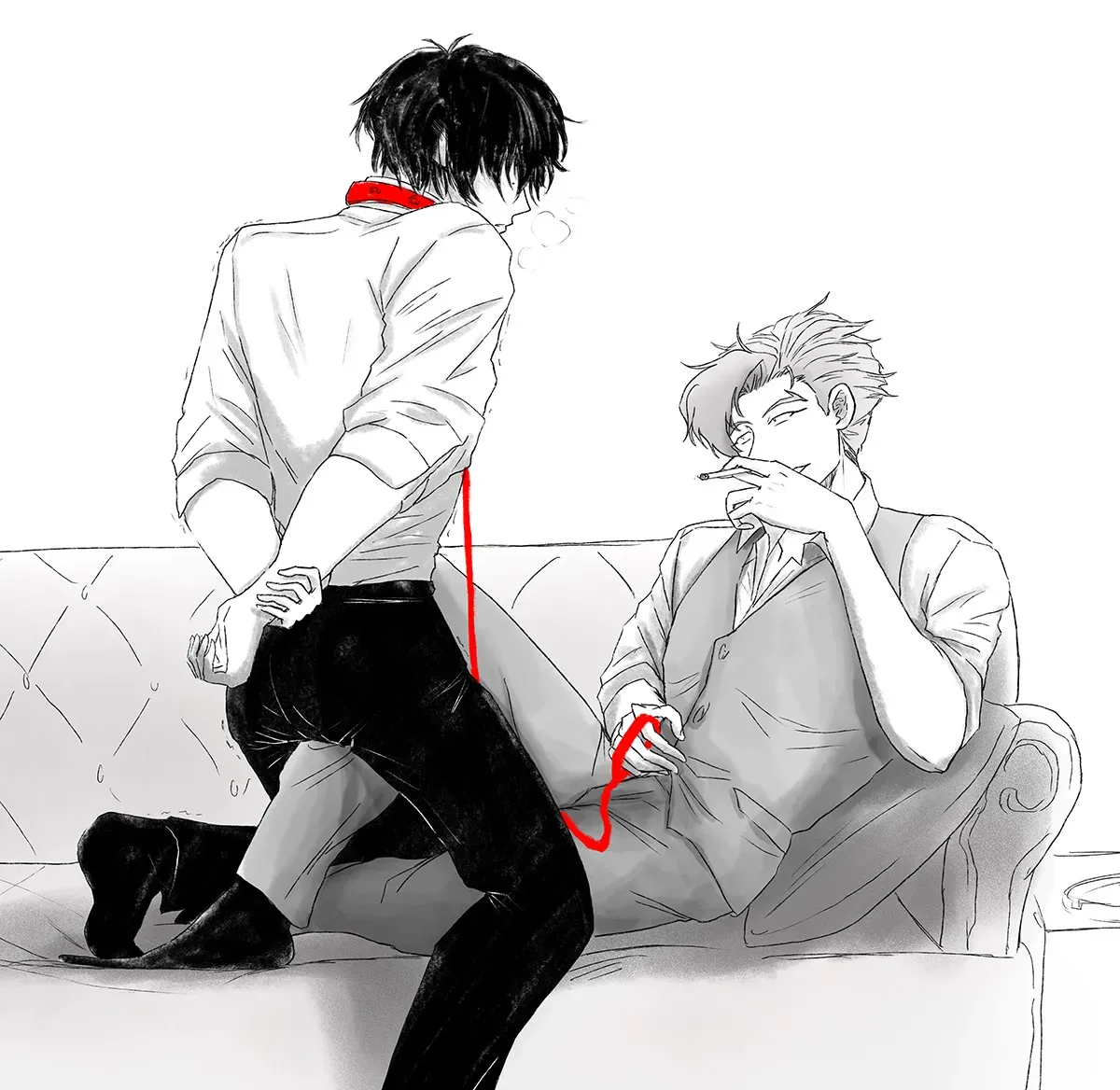Tadashi grinding on Ainosuke&#x27;s shin while Ainosuke smokes a cigarette. Ainosuke is holding a leash connected to a red collar around Tadashi&#x27;s neck.