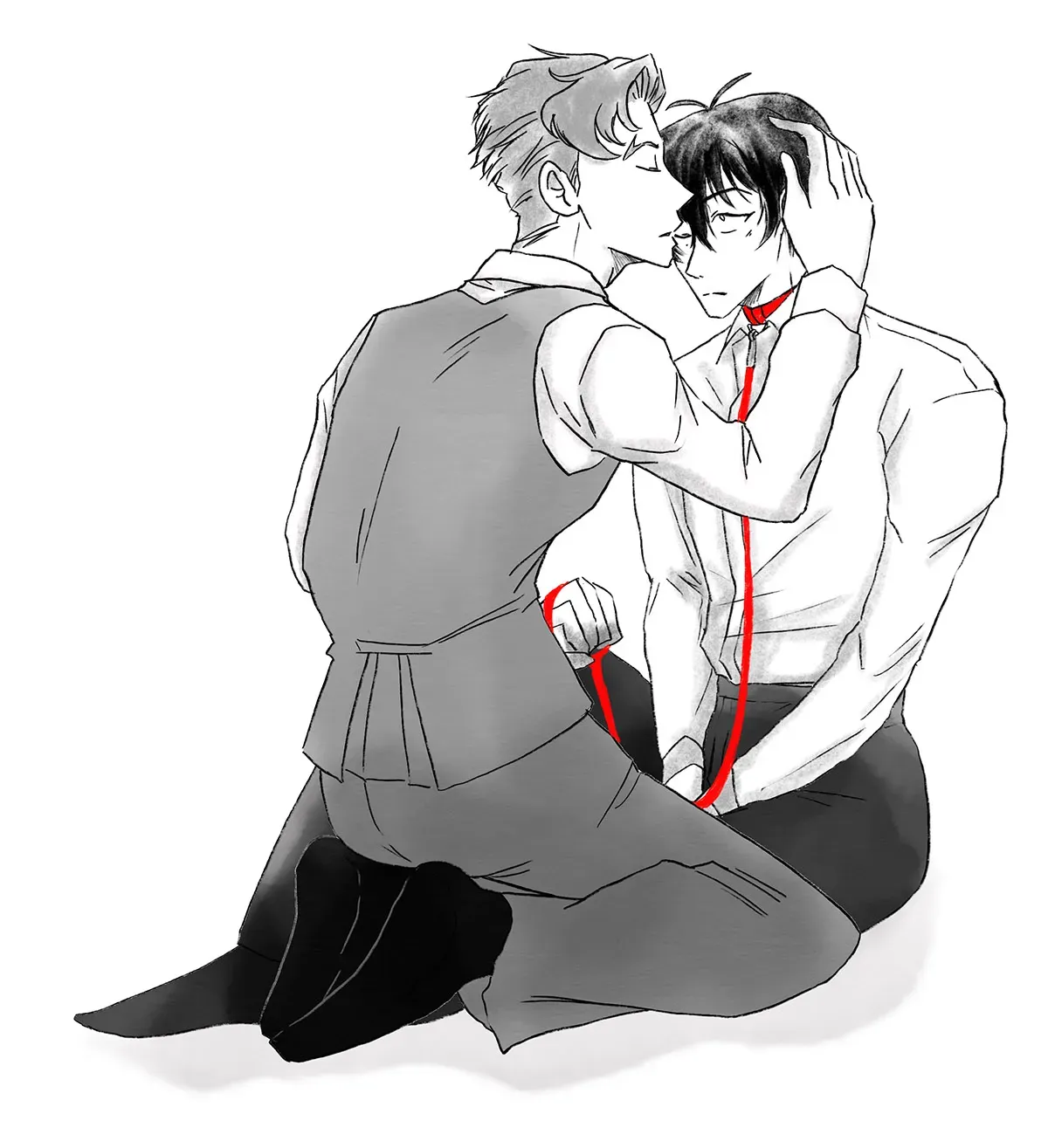 Ainosuke gently kissing Tadashi on the forehead while holding a leash.