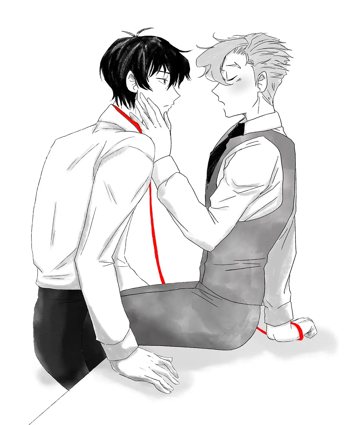 Ainosuke gently stroking Tadashi&#x27;s face while holding the leash