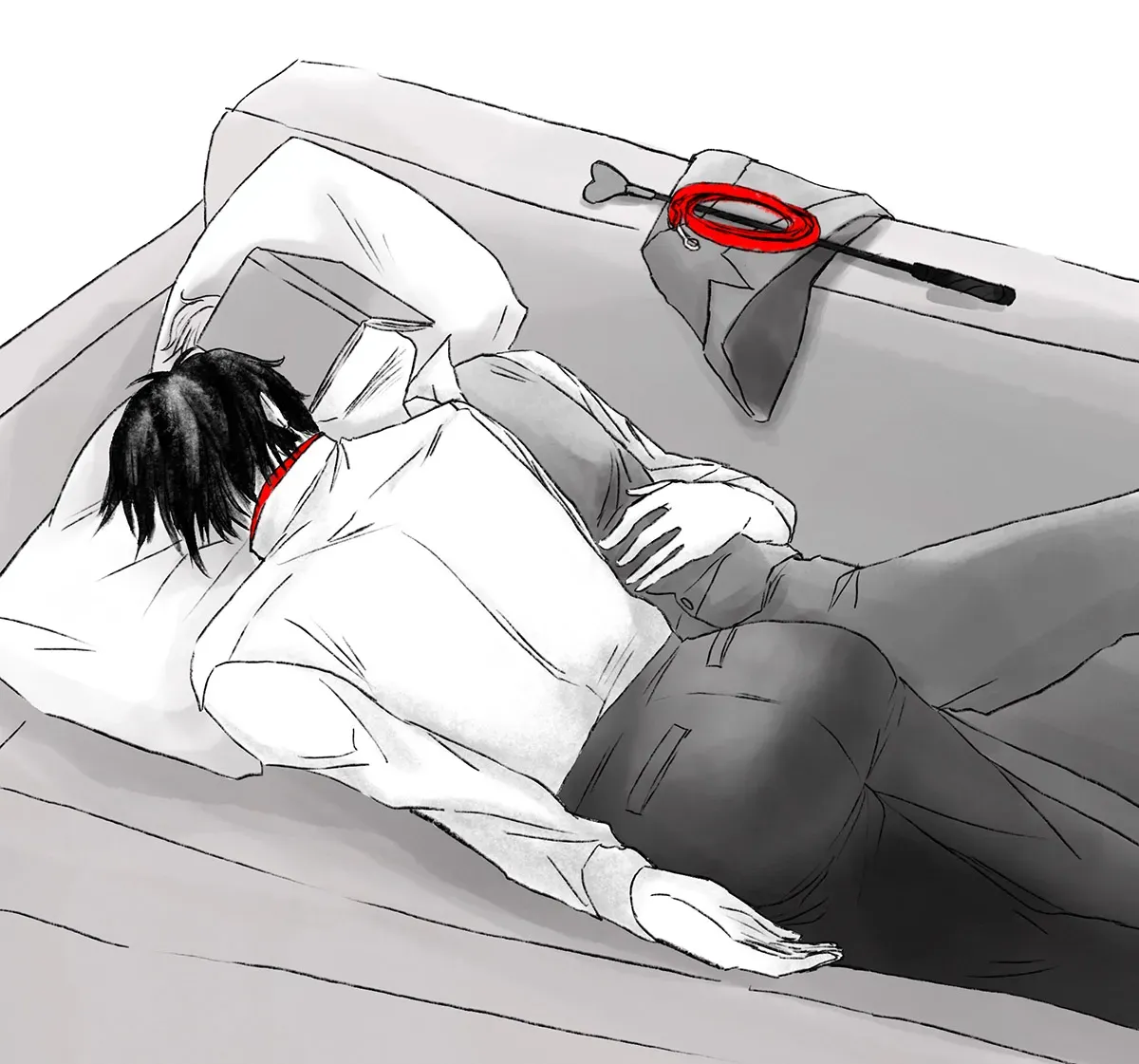 Ainosuke and Tadashi sleeping on the sofa together. Tadashi is wearing a red collar.