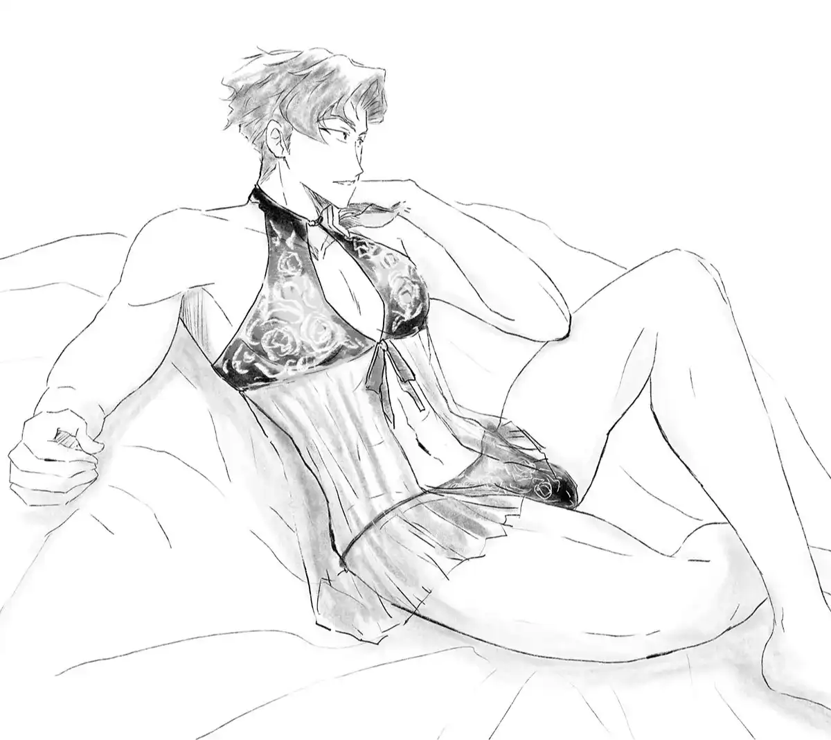 Ainosuke lounging around in a babydoll lingerie outfit