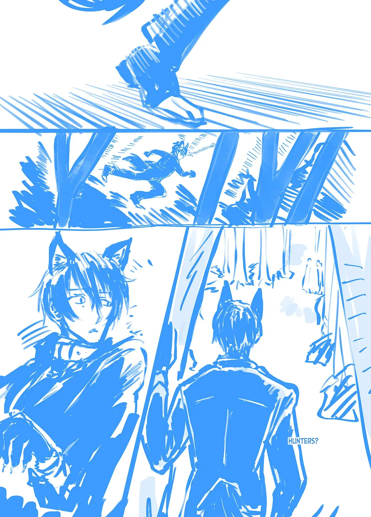Comic page 1: Werewolf Tadashi is running in the forest, and sees a group of people off in the distance.