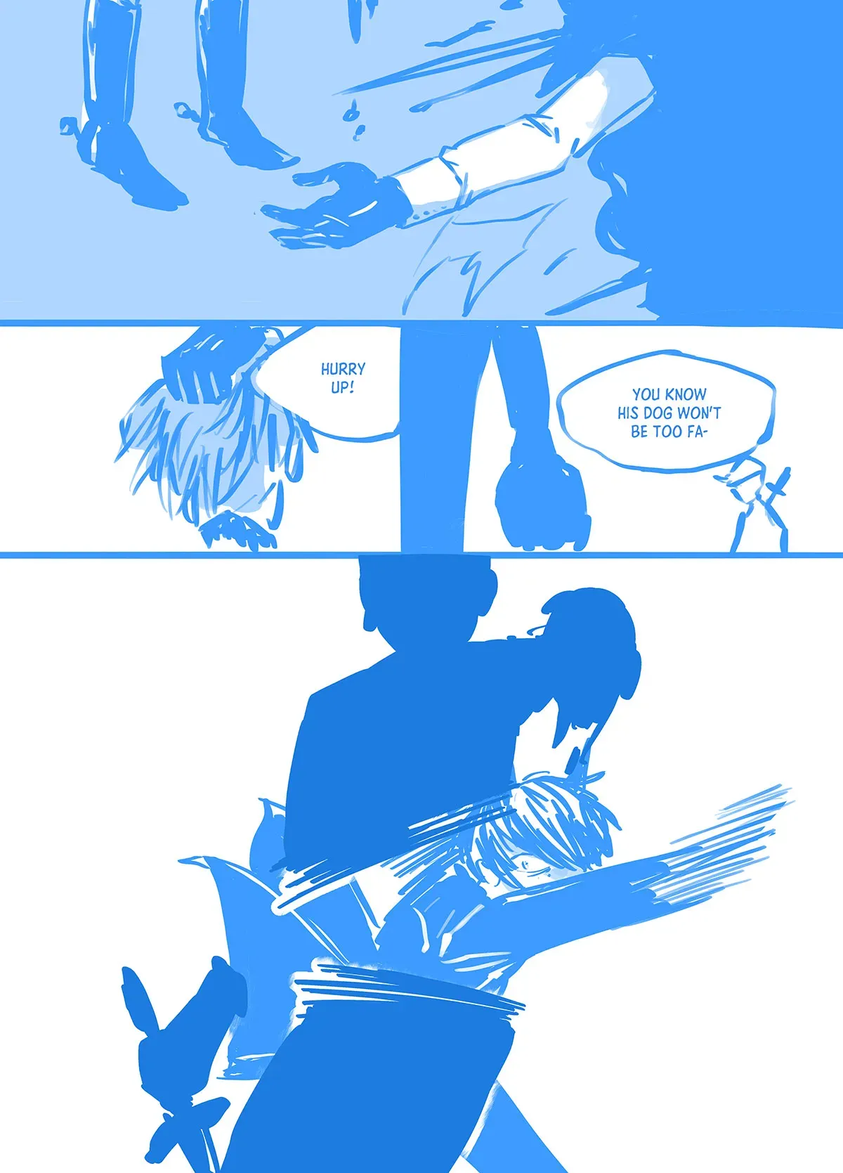 Comic page 2: Tadashi sees that a group of hunters have killed and beheaded vampire Ainosuke, and he cuts them down with his wolf claws. The hunters are packing up to leave when they are attacked. "Hurry up! You know his dog won&#x27;t be too fa-"