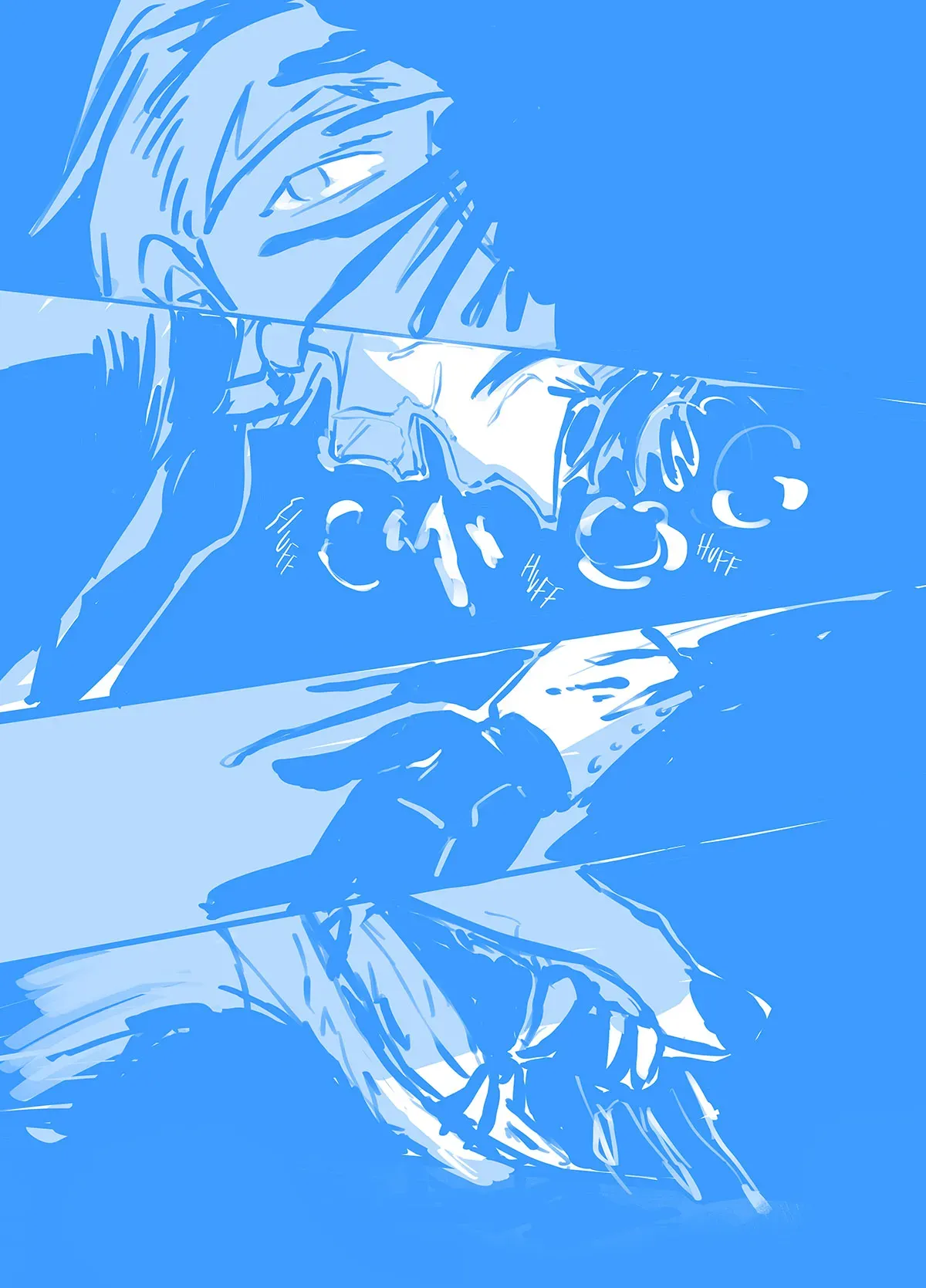 Comic page 3: Ainosuke&#x27;s dead eyes are watching as Tadashi transforms into a full wolf.