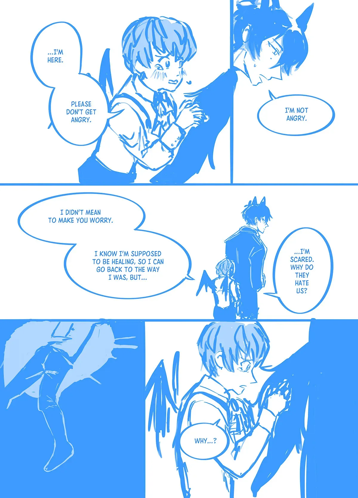 Comic page 6: A very small child version of vampire Ainosuke with a set of bat wings and suspenders is clutching Tadashi&#x27;s wolf tail tearfully. "I&#x27;m here. Please don&#x27;t get angry," says Ainosuke. Tadashi stands very still and says, "I&#x27;m not angry." He doesn&#x27;t turn around and allows for Ainosuke to continue talking. "I didn&#x27;t mean to make you worry. I know I&#x27;m supposed to be healing so I can back to the way I was, but...I&#x27;m scared. Why do they hate us?" asks Ainosuke. There&#x27;s a flashback to adult Ainosuke lying in a pool of his own blood. "Why...?"