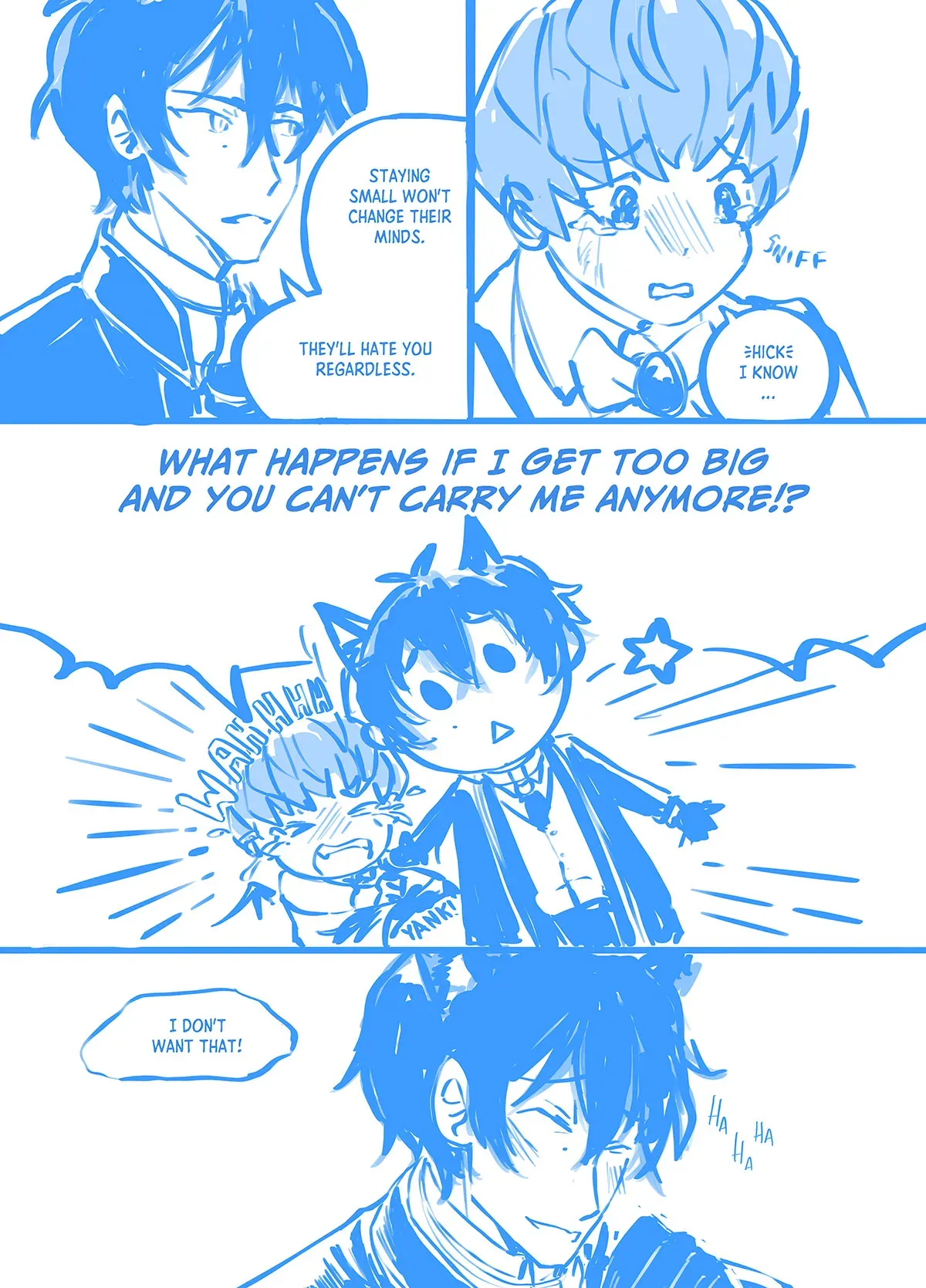 Comic page 7: Tadashi replies, "Staying small won&#x27;t change their minds. TYhey&#x27;ll hate you regardless." Ainosuke sniffles and hiccups, and replies, "I know..." Ainosuke suddenly gets agitated and wails while grabbing Tadashi&#x27;s tail, saying, "What happens if I get too big and you can&#x27;t carry me anymore!? I don&#x27;t want that!" Tadashi laughs.