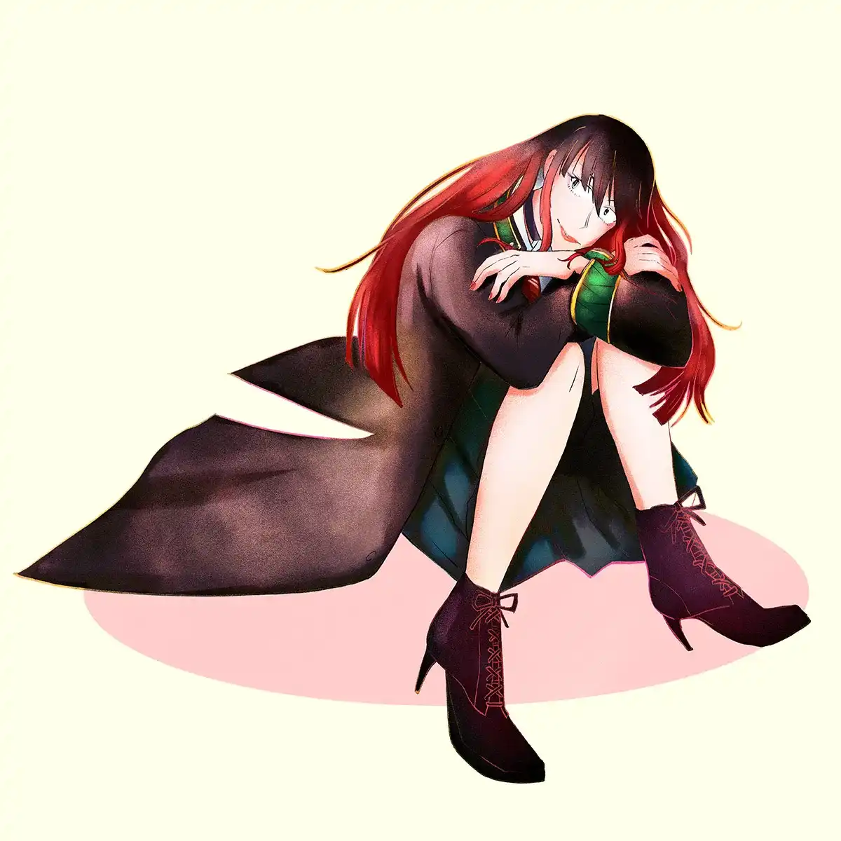 Tsubakino Tasuku sits on the ground with his long coat settled around him. His arms are crossed over his knees as he smiles happily. He is dressed in a skirt, heeled boots, and has light make up on his face. His long black hair has dyed red tips.
