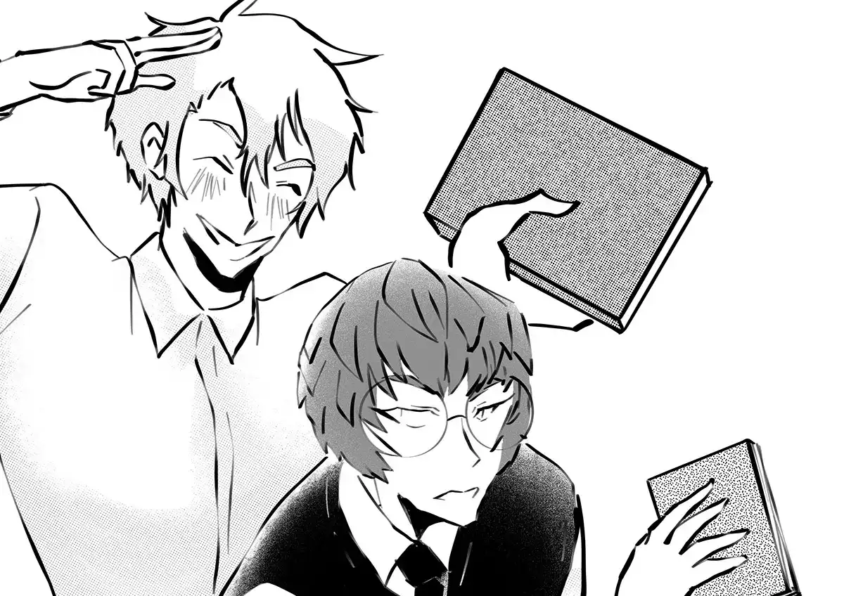 The two main characters of the comic Entitled goofing off and holding books