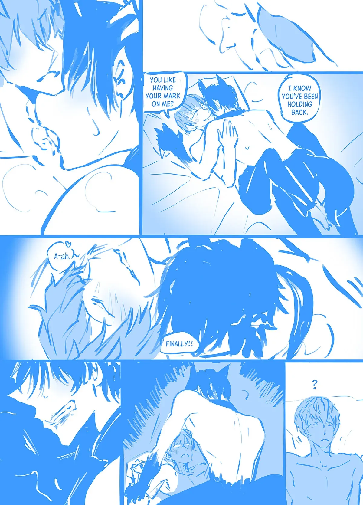 Comic page 12: Tadashi bites Ainosuke several times as if to mark him, and then sits up. Ainosuke says, "You like having your mark on me? I know you&#x27;ve been holding back. A-ah. Finally!!" Tadashi grits his teeth and leans back. Ainosuke is confused.