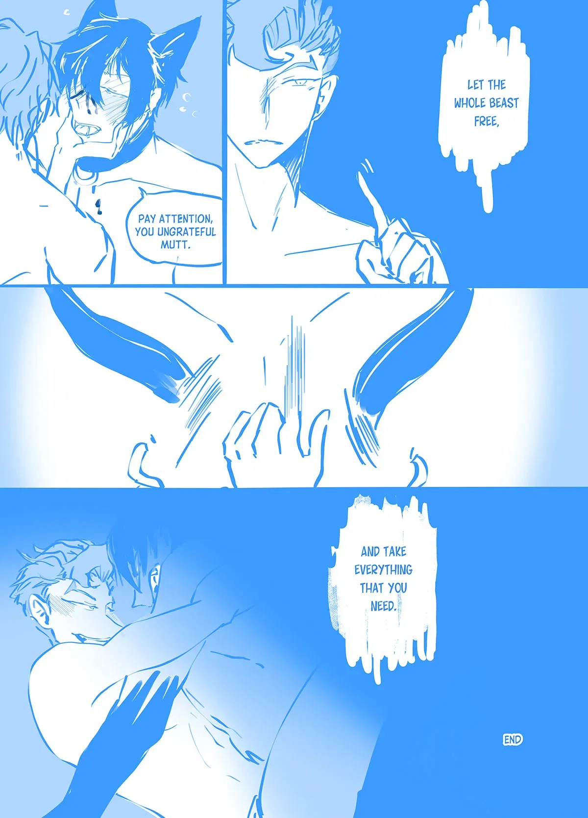 Comic page 16: Ainosuke holds up Tadashi&#x27;s face as Tadashi starts to rouse. Aiosuke slices the collar off Tadashi as Tadashi starts to transform into a full wolf. "Pay attention, you ungrateful mutt. Let the whole beats free, and take everything that you need."