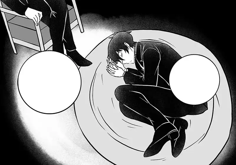 Tadashi sleeping in a dog bed whil dressed in a dark suit